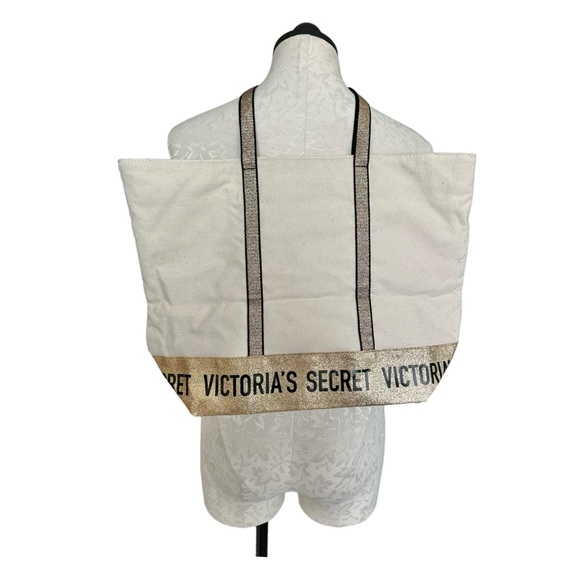 Victoria’s Secret Canvas & Gold Glitter Trim Tote Bag Zipper Top - Picture 5 of 14
